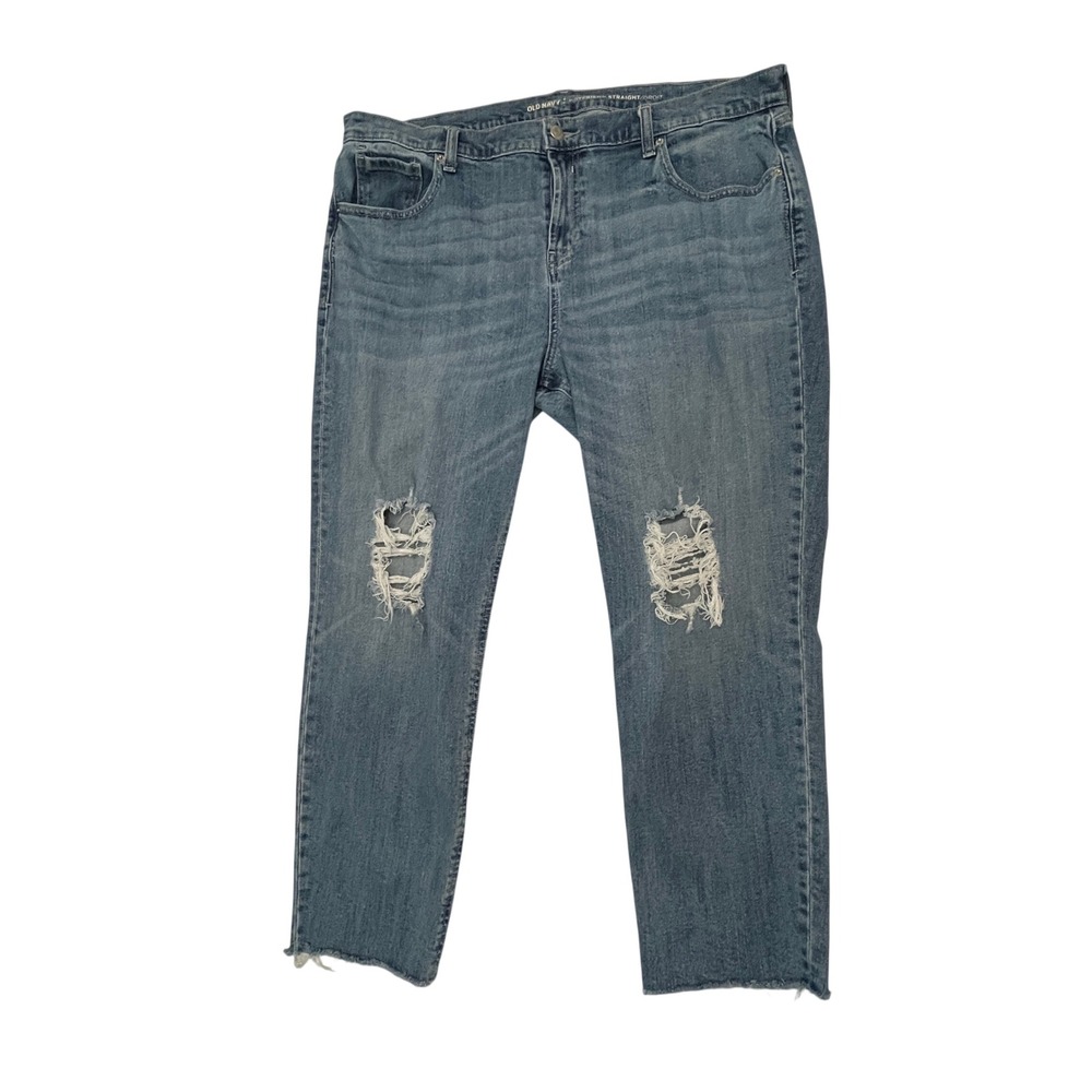 Old Navy Boyfriend Straight Jeans Women 16 Blue Distressed Relaxed Ripped Raw